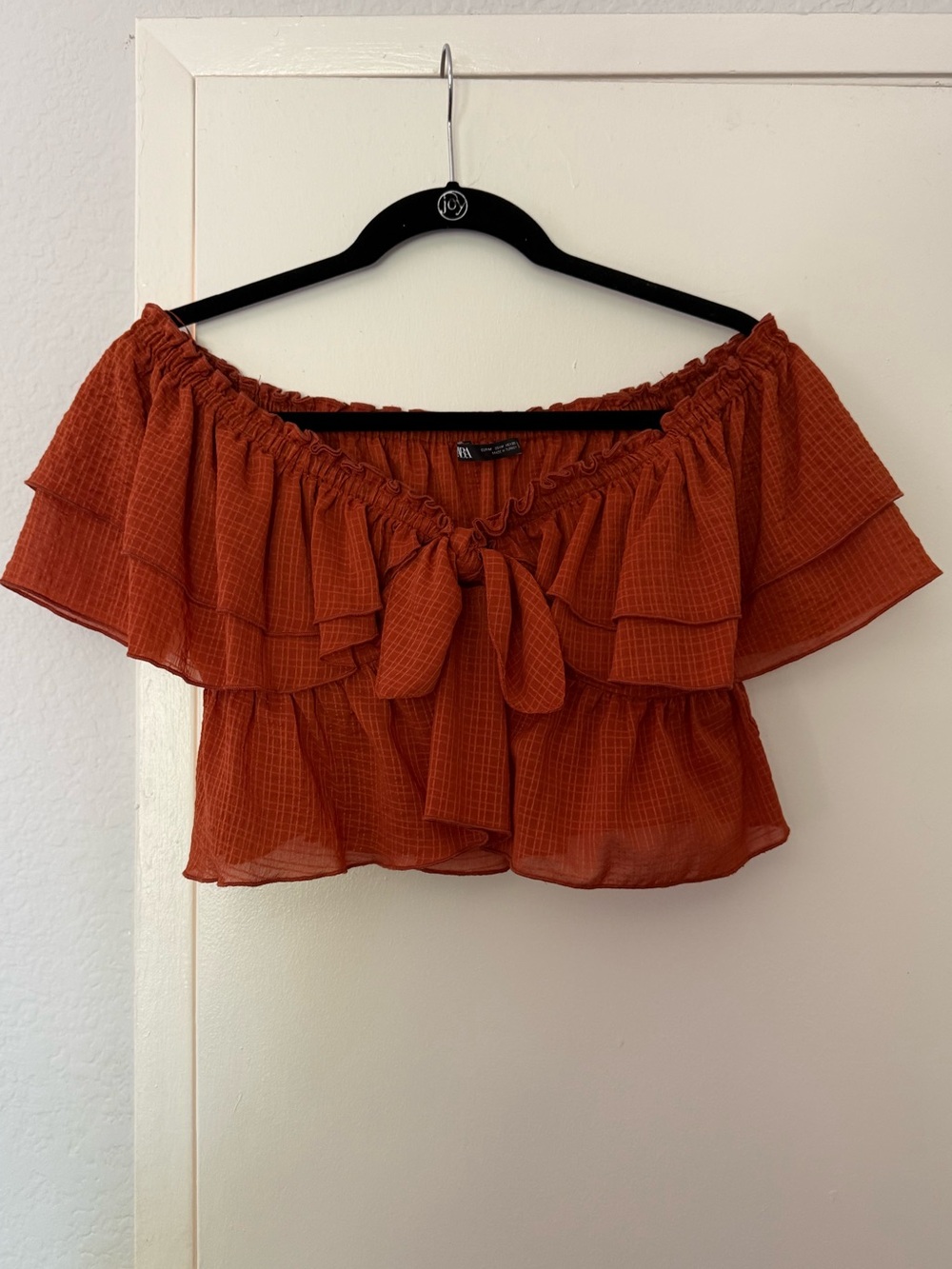 Zara Rust Ruffle Off-Shoulder Tie-Front Crop Top